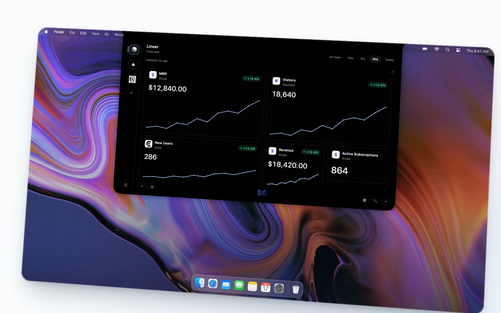 Expanded dashboard with revenue, visitors, and subscription charts on a Mac desktop